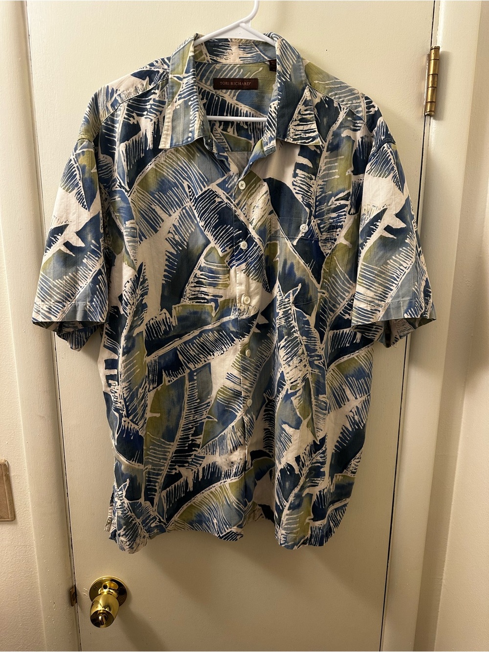 Tori Richard Blue and Olive Palm Leaf Camp Shirt